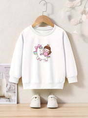 Anime Girl & Unicorn Print Pullover Sweatshirt for Girls
