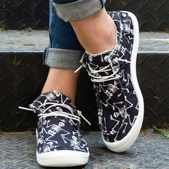 Women's Skull Print Canvas Shoes Lace-up Halloween Loafers