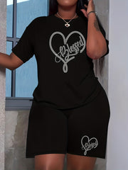 Women's Plus Rhinestone Letter Heart Tee & Shorts 2pcs Set