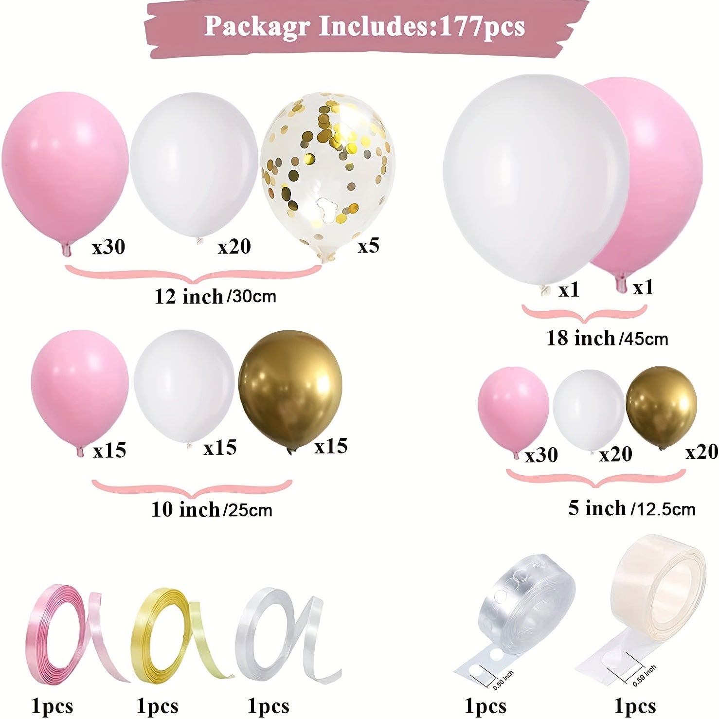 Pink Balloon Garland Kit with Tape, Strip & Ribbons - 177pcs