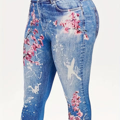 Floral & Denim Print Capris Leggings Casual Crop Leggings