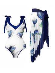 Floral Print One Piece Swimsuit & Cover Up Set