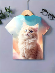 Casual Cat Graphic Short Sleeve T-shirt for Girls Summer Gift
