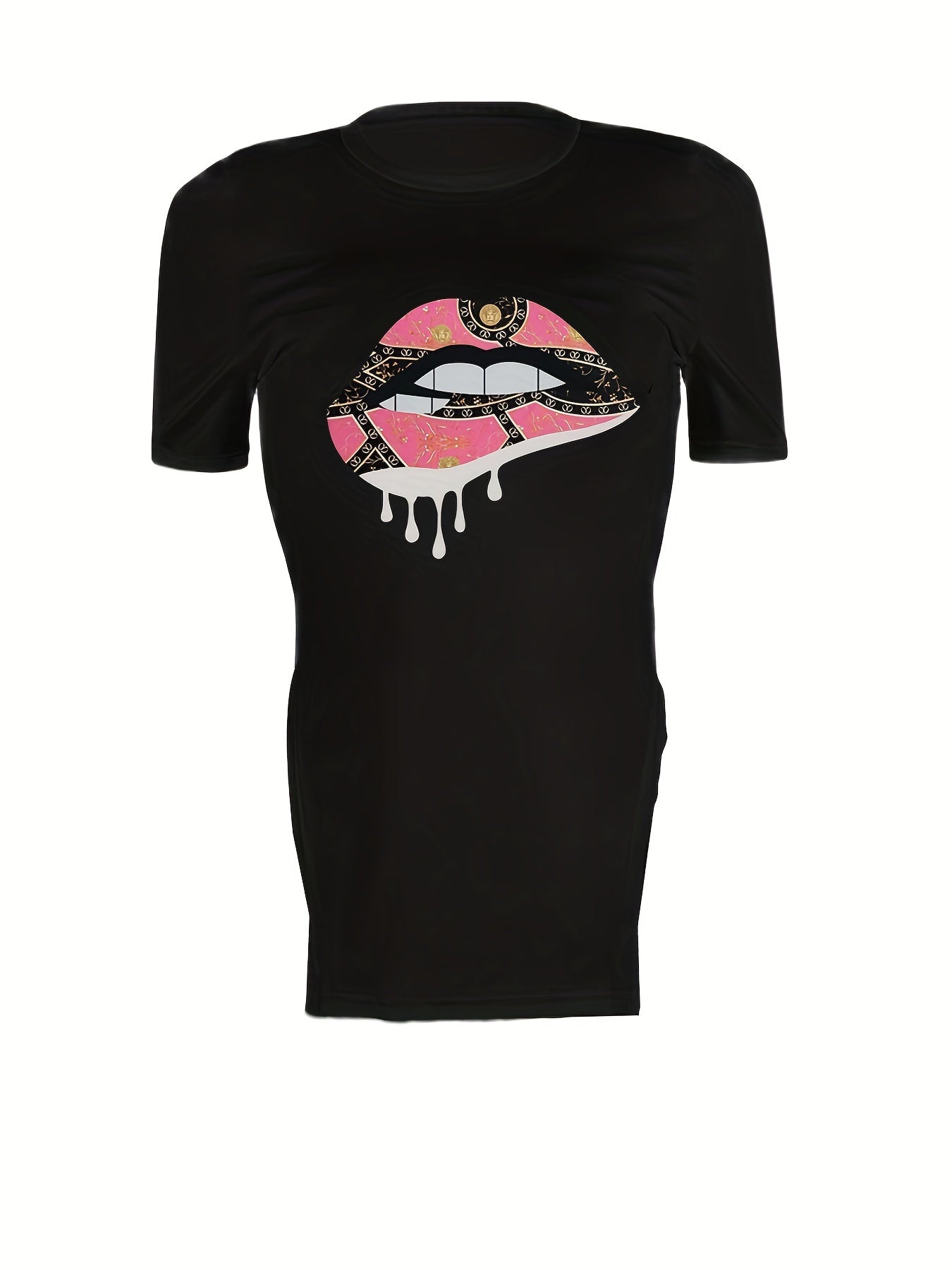 Lips Print T Shirt & Yoga Shorts 2pcs Set for Women