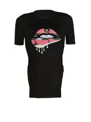 Lips Print T Shirt & Yoga Shorts 2pcs Set for Women