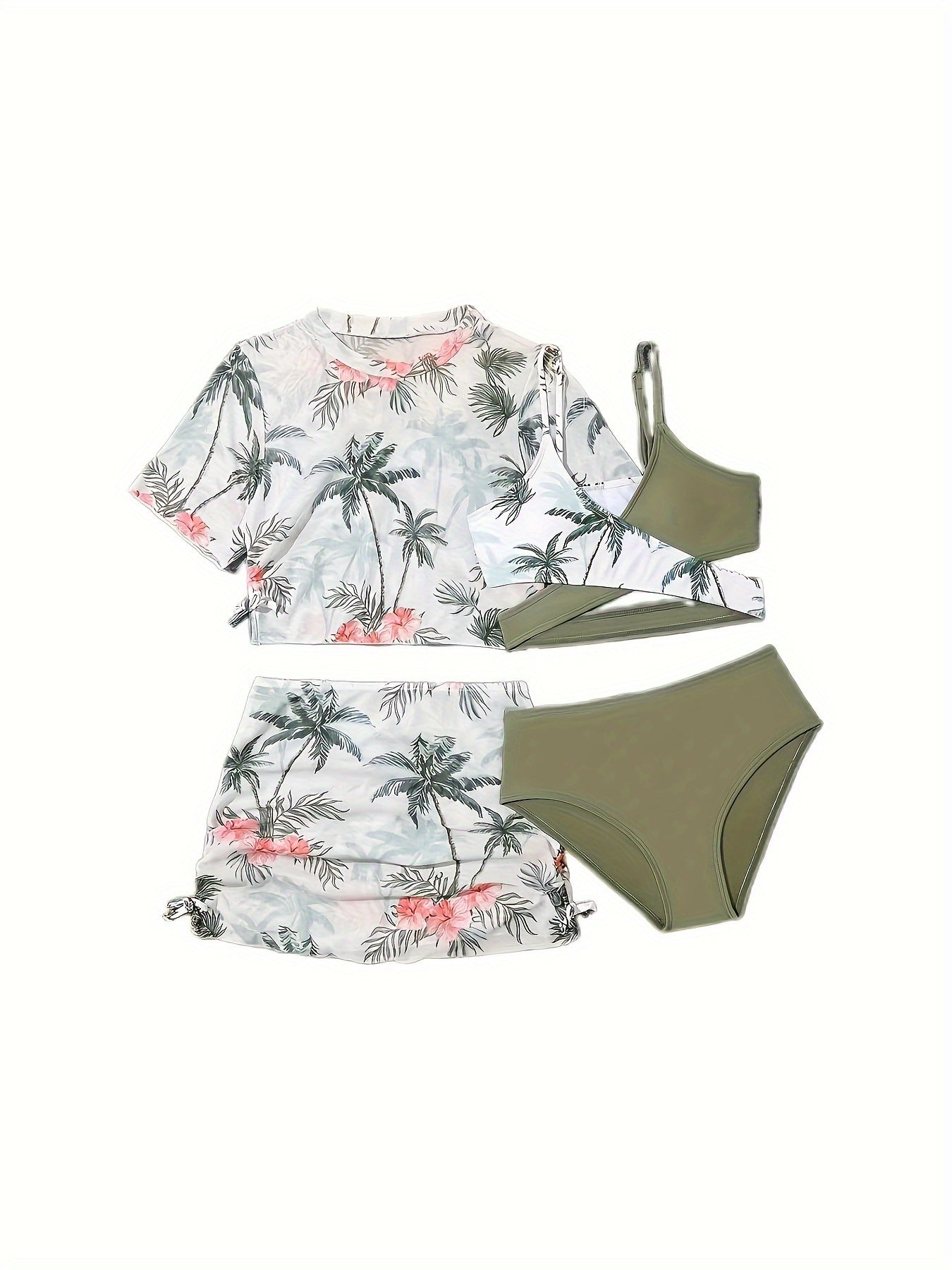 Girls 4pc Flower Graphic Swimsuit Set for Summer Beach