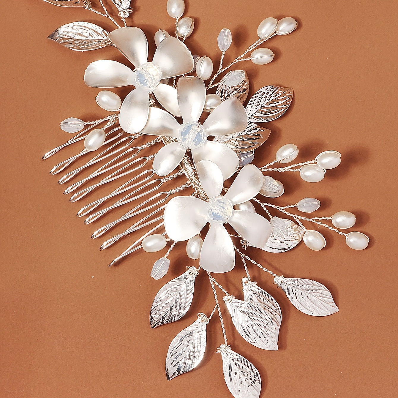 Bride Hair Comb Silvery Leaves Faux Pearl Bridal Hair Side Combs
