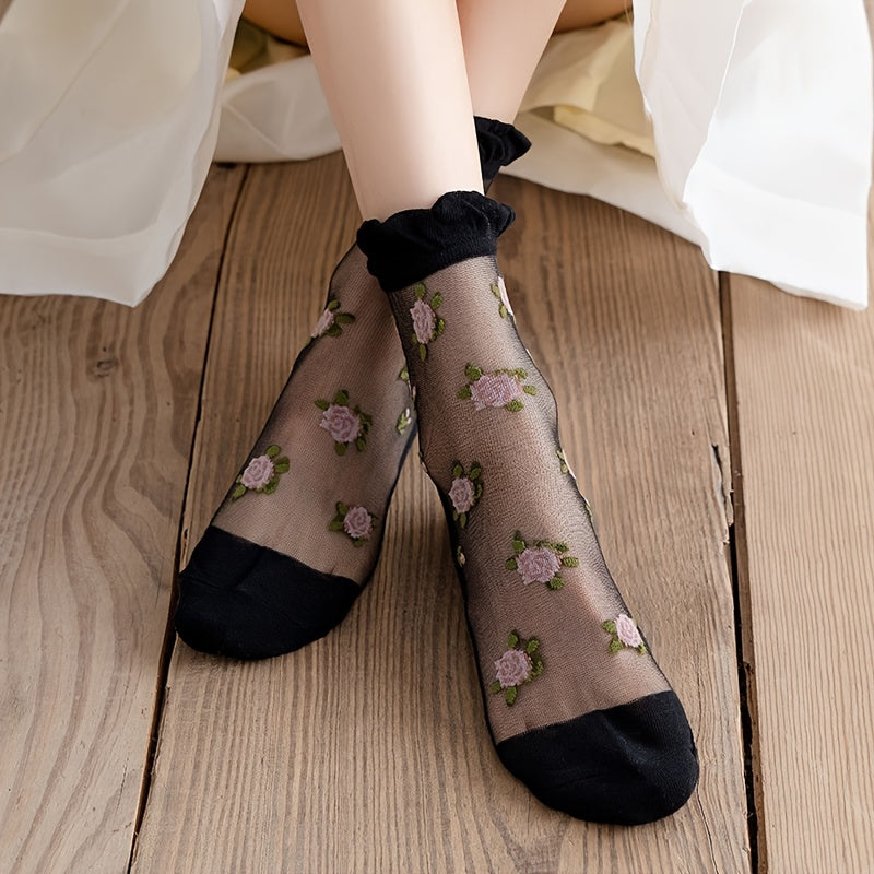 5 Pairs Floral Print Tulle Socks Lightweight & Breathable