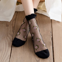5 Pairs Floral Print Tulle Socks Lightweight & Breathable