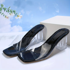 Women's Crystal Block Heeled Sandals Transparent Strap Dress Pumps