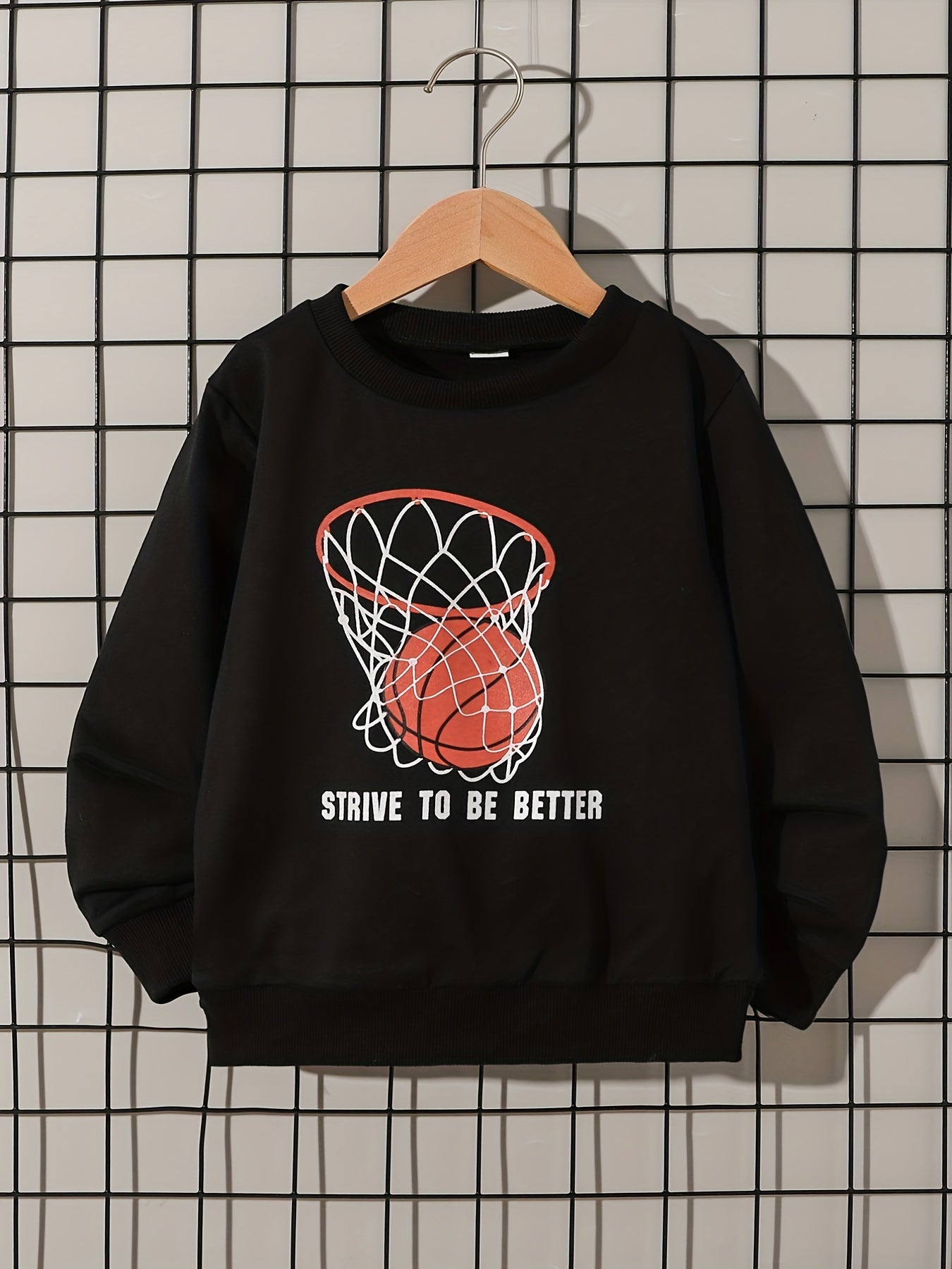 Boys Basketball Hoop Print Sweatshirt Long Sleeve Crew Neck Tops