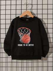 Boys Basketball Hoop Print Sweatshirt Long Sleeve Crew Neck Tops