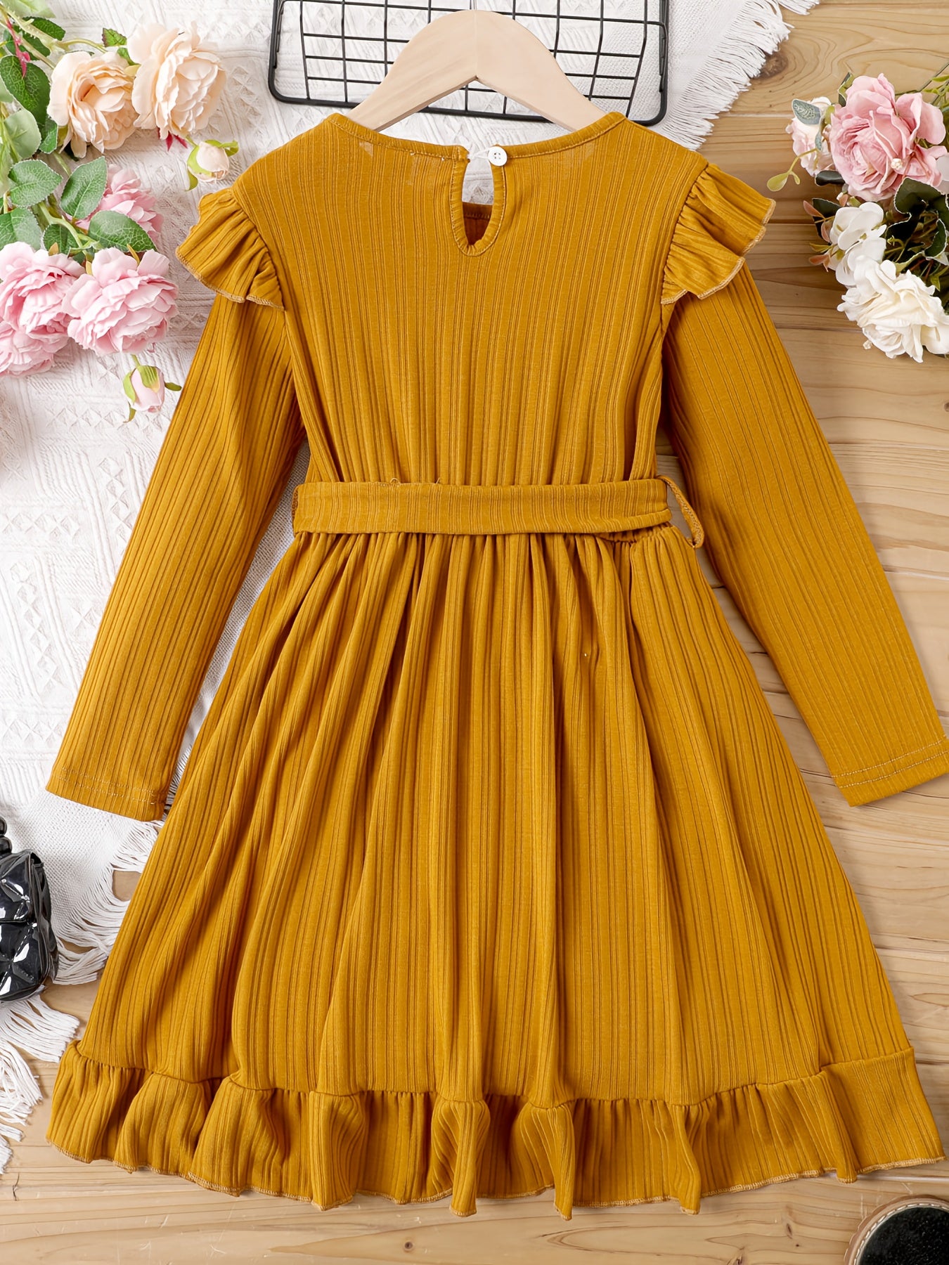 Kid Girls Ribbed Tiered A Line Dress With Belt