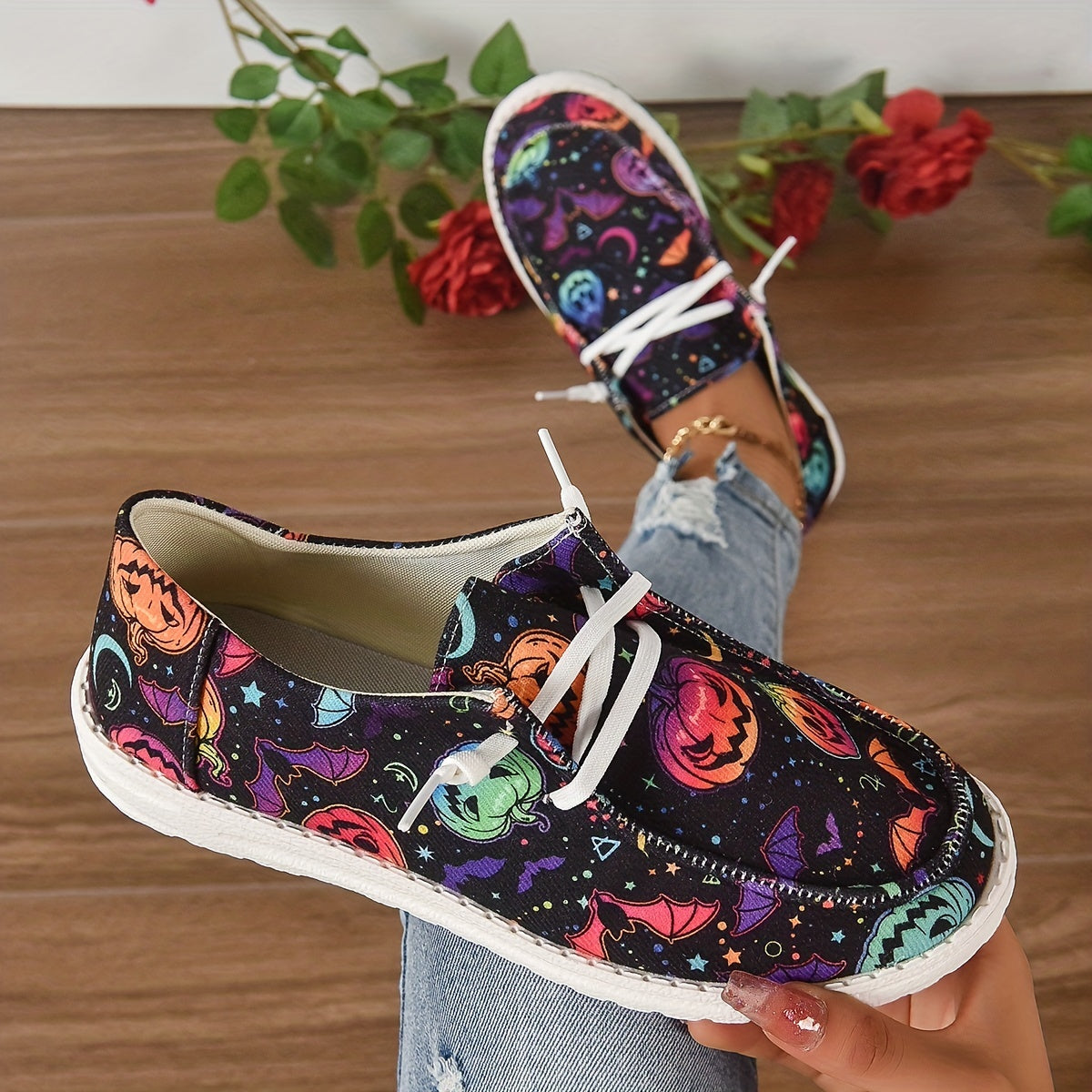 Colorful Pumpkin Print Slip-On Sneakers Lightweight Shoes