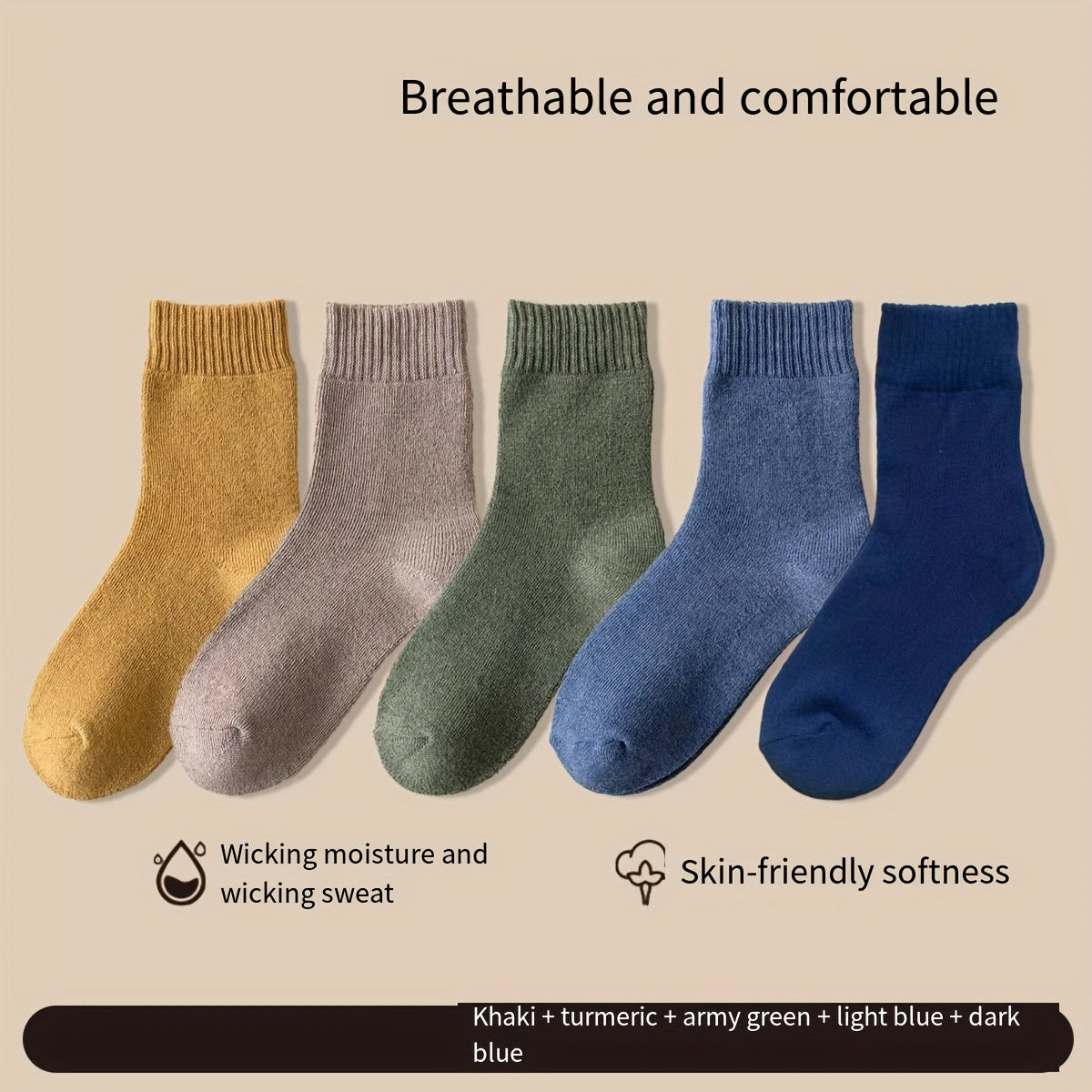 5 Pairs Men's Crew Socks Solid Warm Casual Breathable Thickened Winter Socks