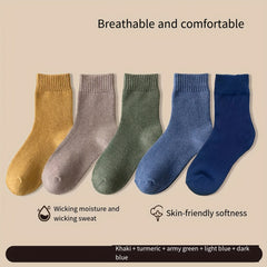 5 Pairs Men's Crew Socks Solid Warm Casual Breathable Thickened Winter Socks