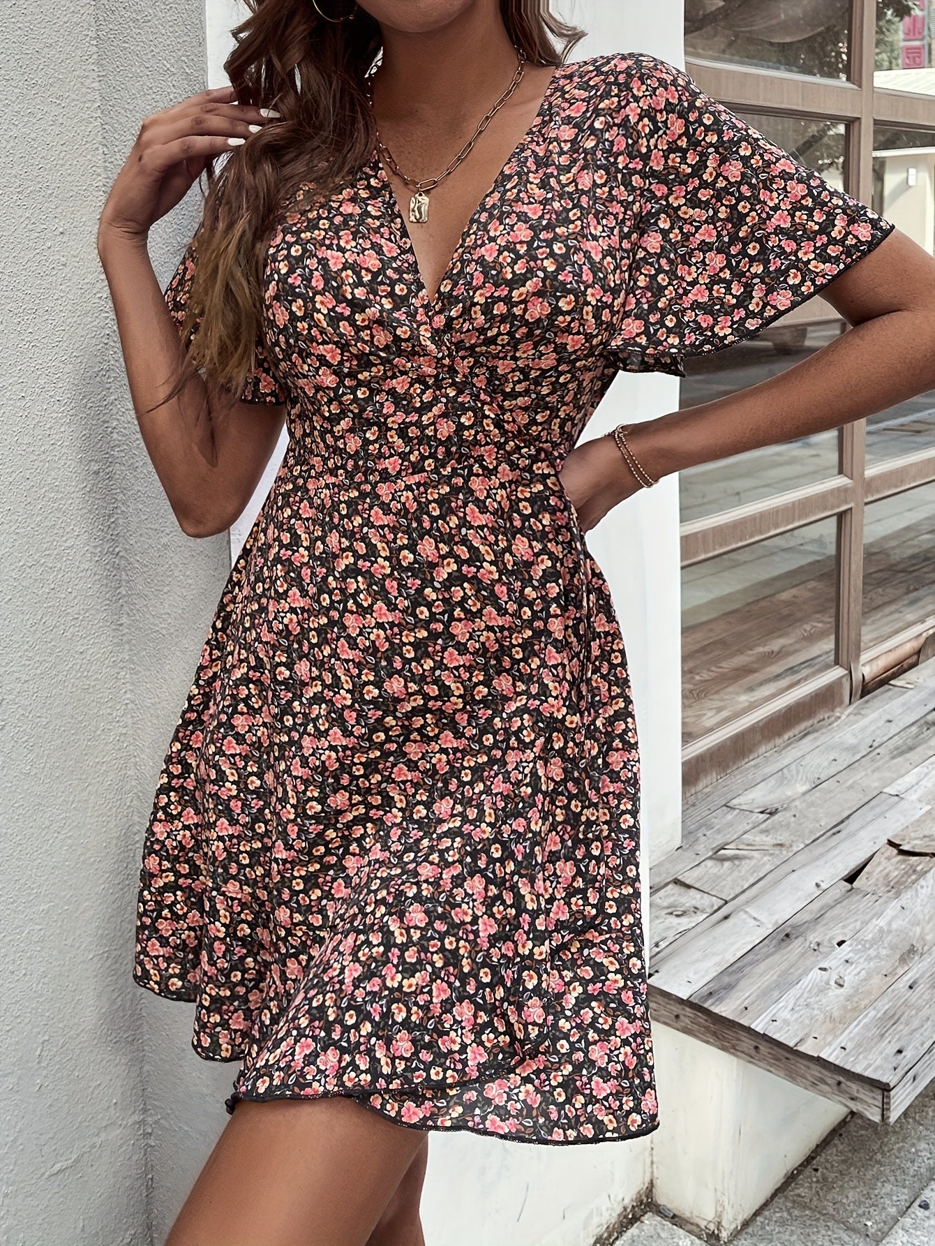 Floral Print V Neck Flutter Sleeve Dress