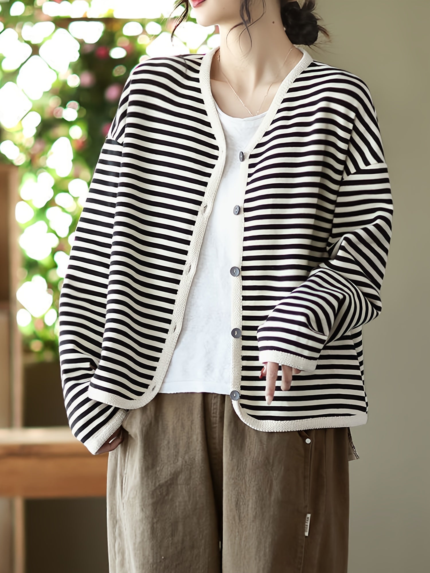 Striped Button Front Jacket V Neck Long Sleeve Outerwear