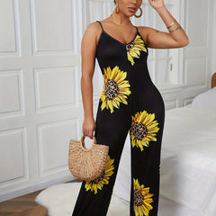 Sunflower Print Spaghetti Strap Jumpsuit Wide Leg Jumpsuit