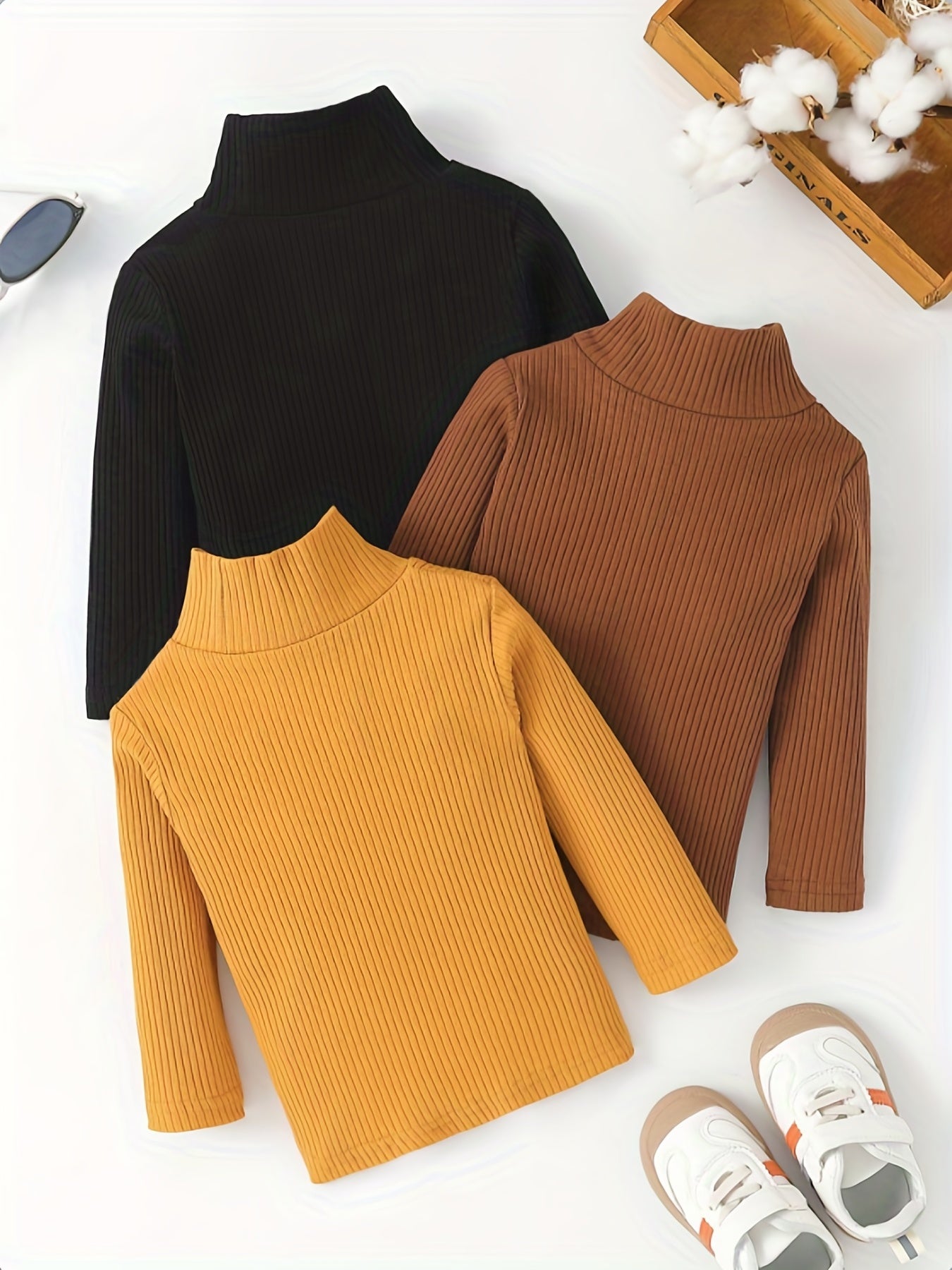 Baby's Turtleneck Ribbed All-match Long-sleeved T-shirt 3pcs Set