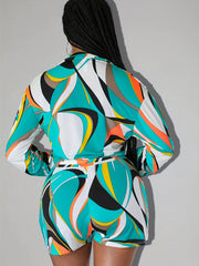 Geometric Print Twist Front Crop Top & Shorts Set