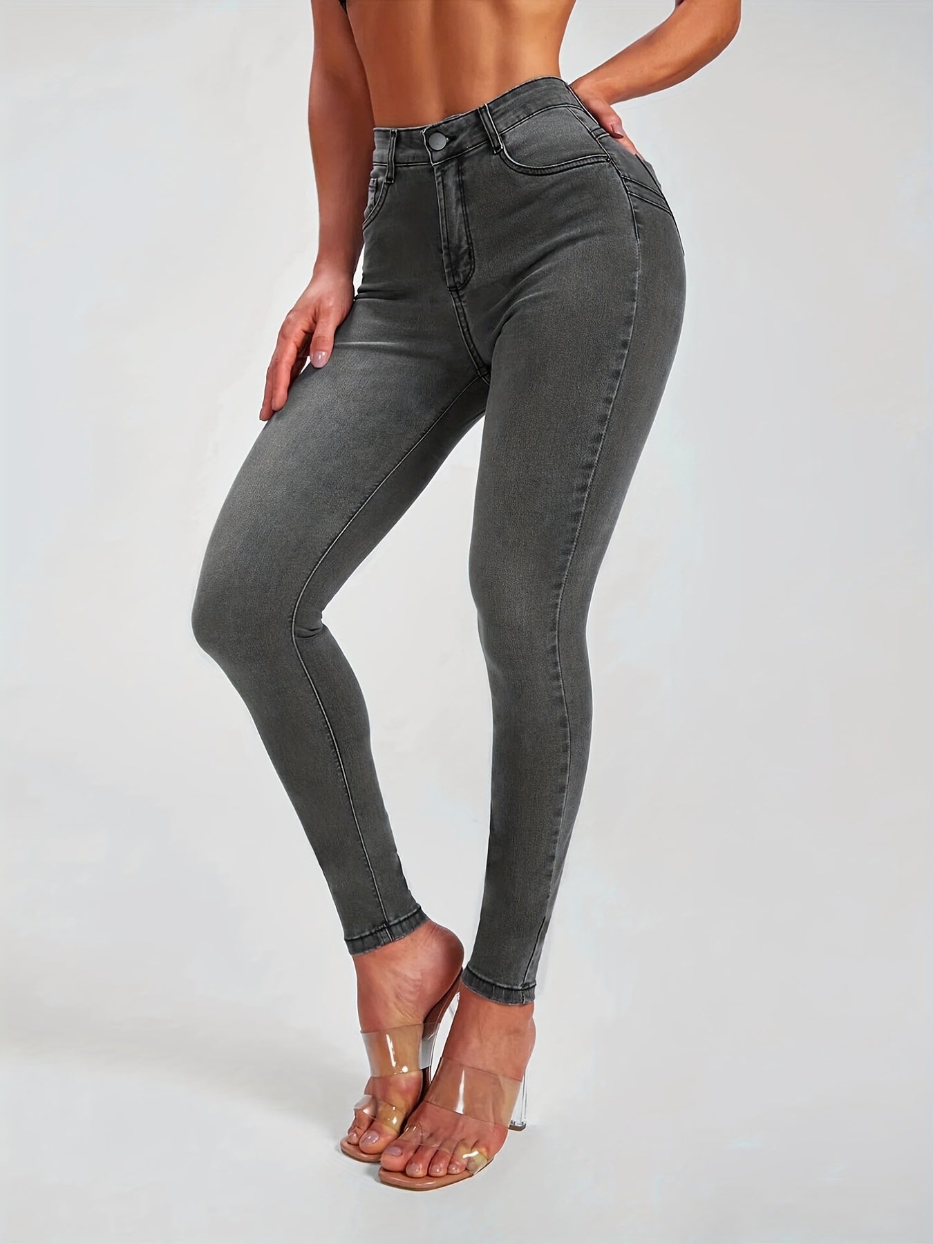 High Rise Stretchy Grey Skinny Jeans Tight Fit Denim Pants Women's Jeans