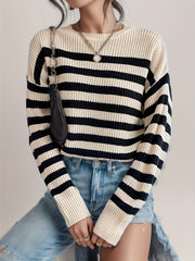 Stripe Pattern Knitted Pullover Sweater Crew Neck Long Sleeve for Fall & Winter