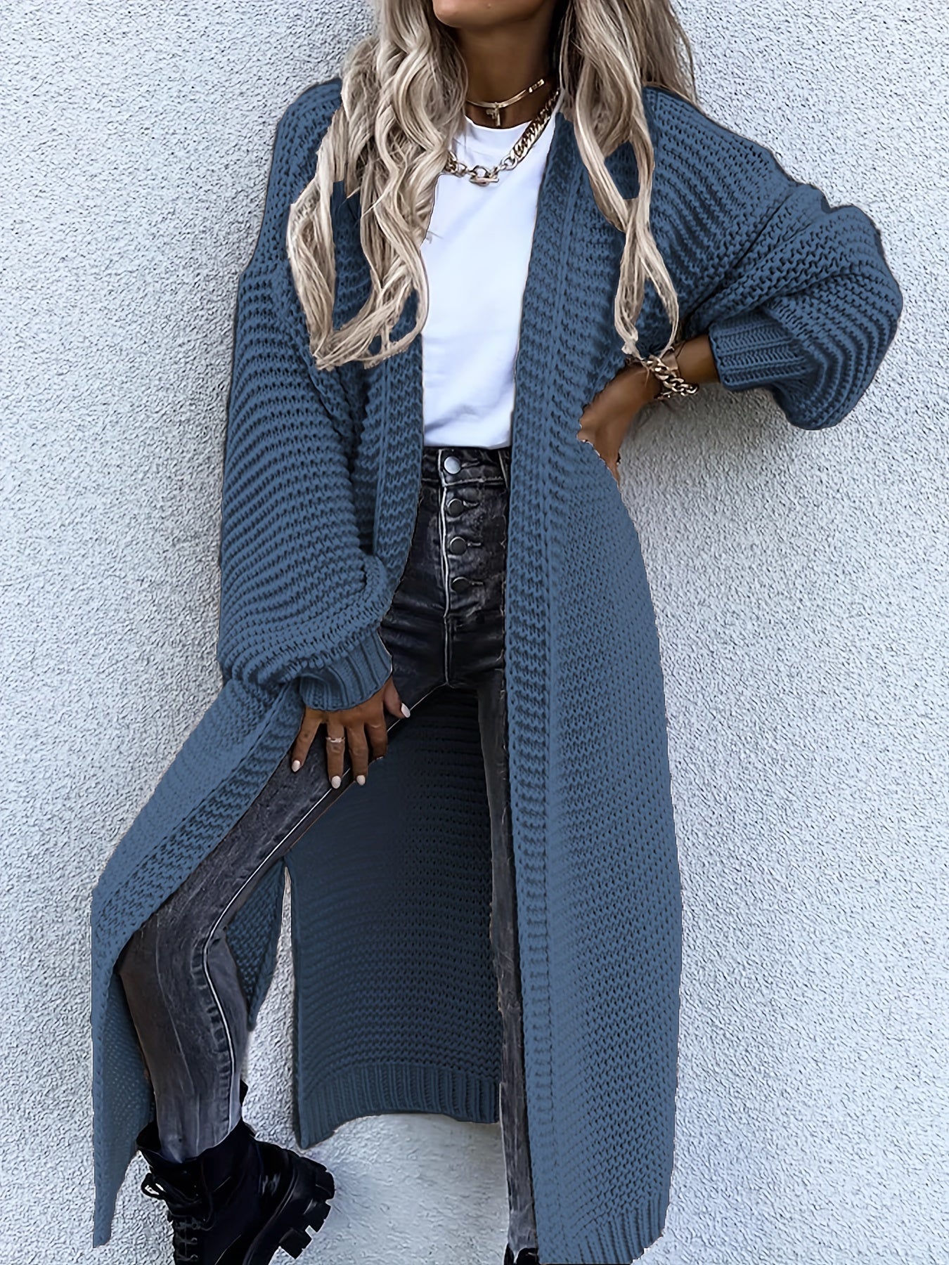 Solid Open Front Side Split Cardigan Casual Long Sleeve Cardigan