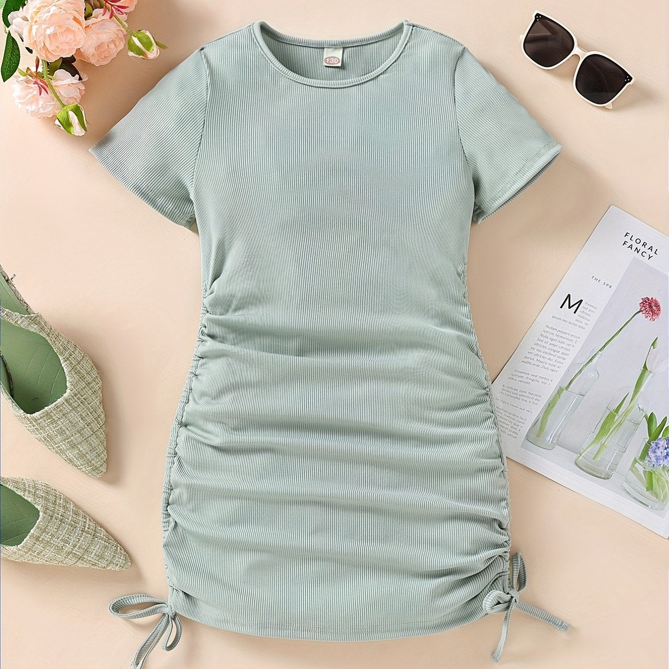 Girls' Drawstring Side Ruched Casual Dress Slim Fit Short Sleeve