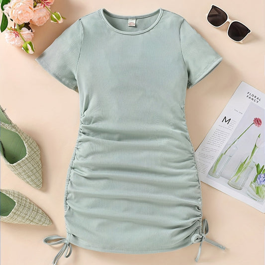Girls' Drawstring Side Ruched Casual Dress Slim Fit Short Sleeve