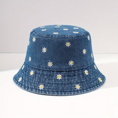 Daisy Embroidery Bucket Hat Distressed Foldable Basin Hat