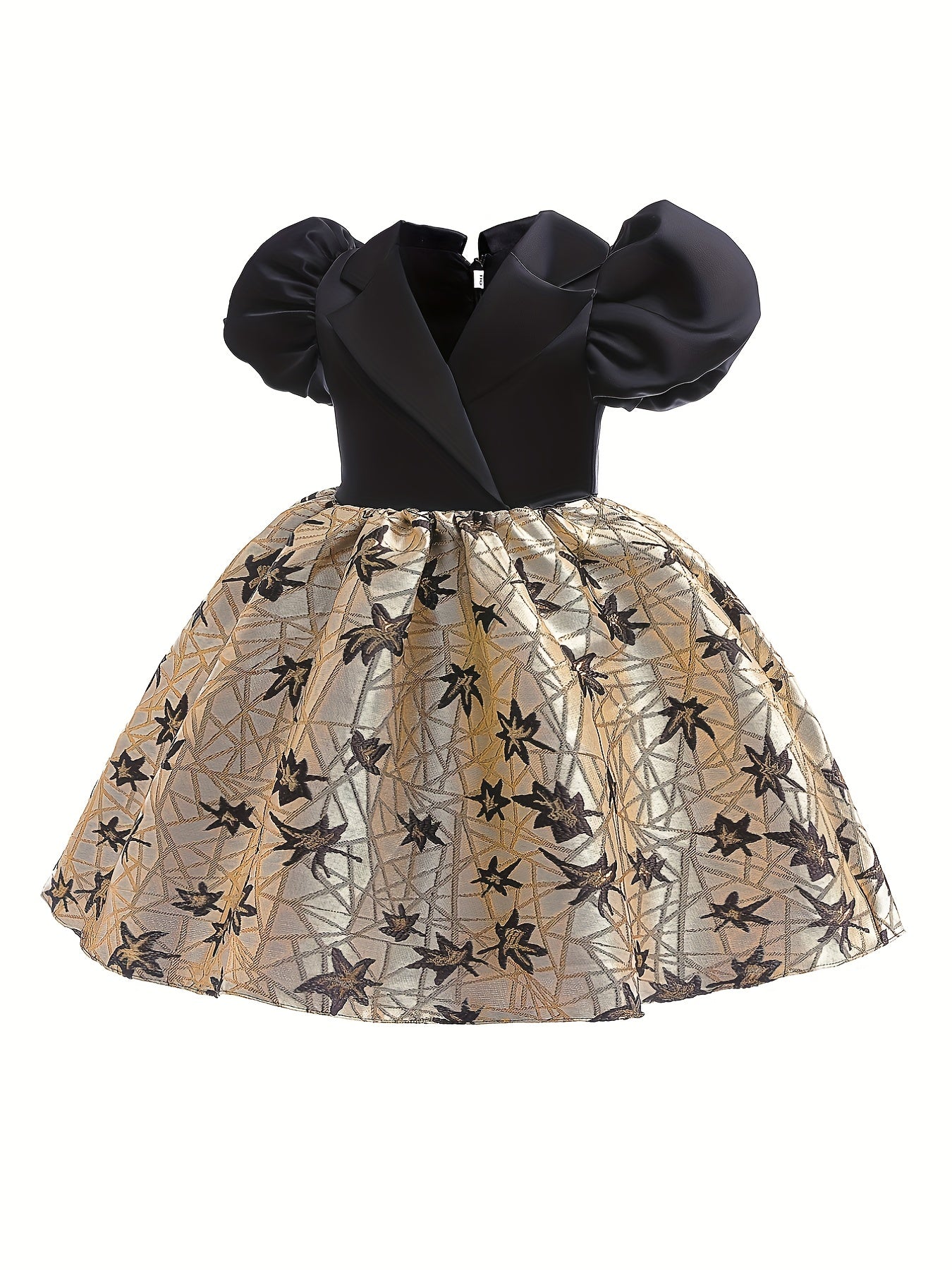 Girls Vintage Jacquard Puff Sleeve Dress
