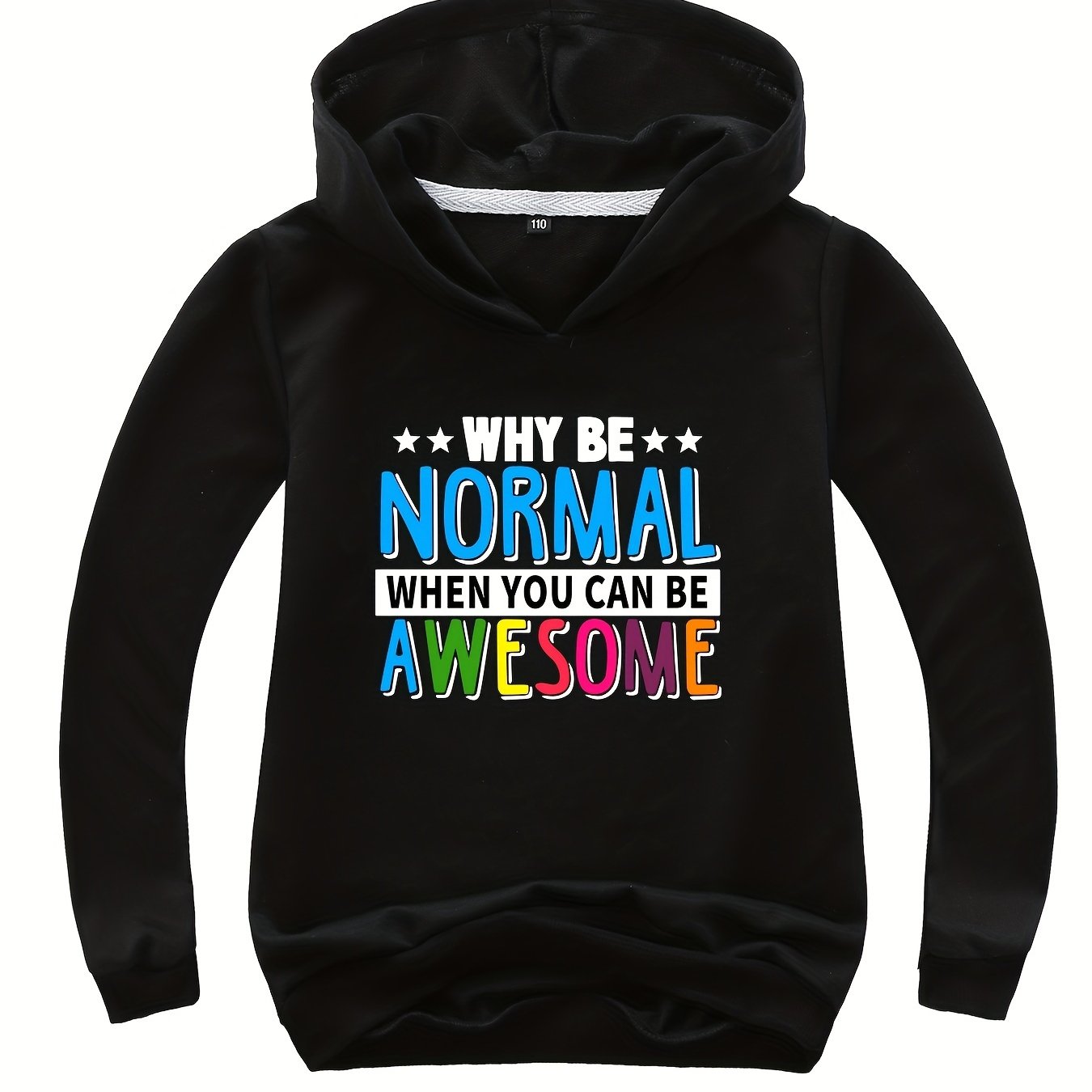 WHY BE NORMAL Letter Print Boys Casual Pullover Hooded Long Sleeve Sweatshirt