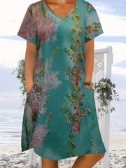 Floral Print V Neck Tee Dress With Pockets