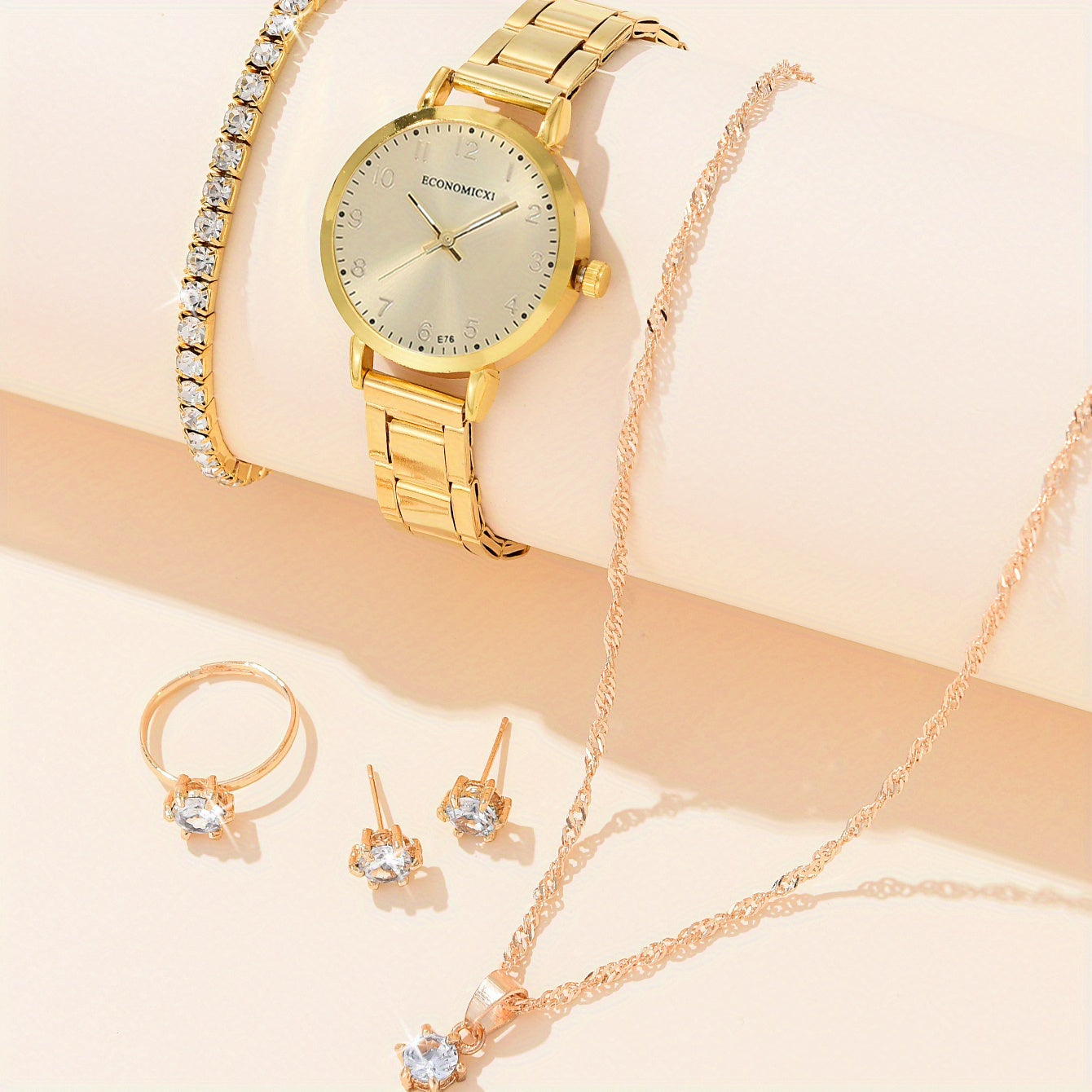 Rhinestone Quartz Watch & 5pc Jewelry Set