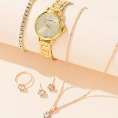 Rhinestone Quartz Watch & 5pc Jewelry Set