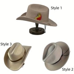 Breathable Sunshade Cowboy Hat w/ Bow Feather Belt & Rope Accessories