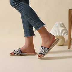 Women's Wavy Striped Print Flat Slippers Open Toe