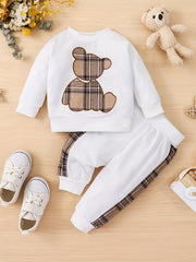 Toddler Baby Boy Bear Embroidered Pullover & Plaid Trousers Set