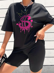 2pcs Summer Dollar Graphic T shirts & Solid Shorts Women's Activewear