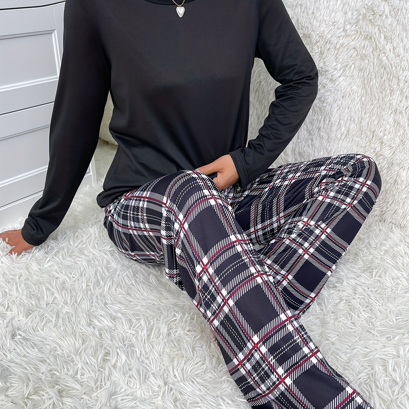 Plaid Print Pajama Set Long Sleeve Crew Neck Top & Elastic Waistband Pants