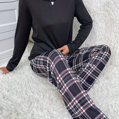 Plaid Print Pajama Set Long Sleeve Crew Neck Top & Elastic Waistband Pants