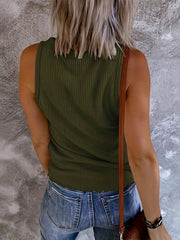 Ribbed Button Tank Top Sleeveless V Neck Casual Top