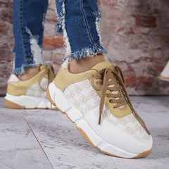 Women's Lightweight Sneakers Low Top Lace Up Knit & Faux Leather Patch Shoes