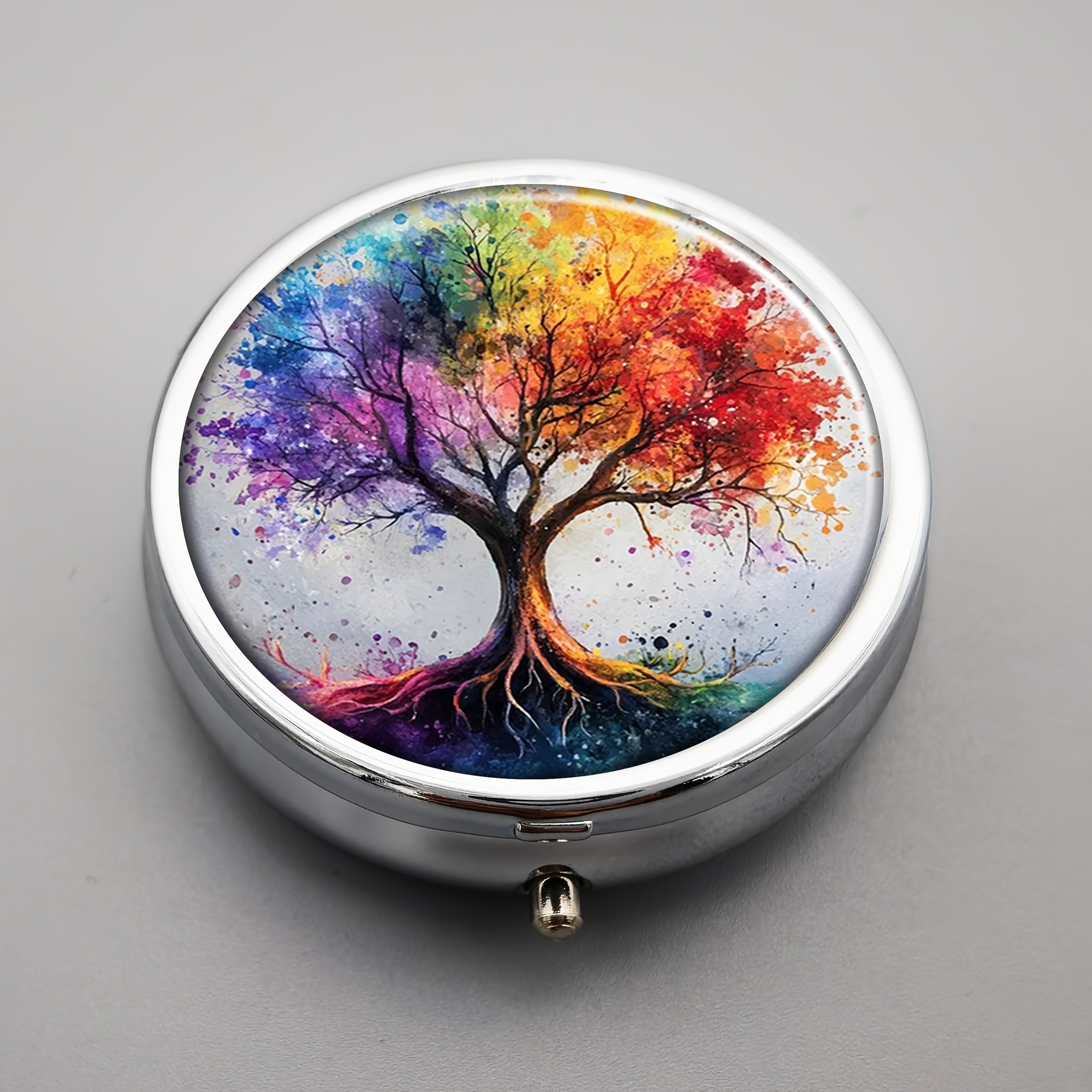 Pill Box 3 Compartment Metal Organizer - Vintage Tree Design