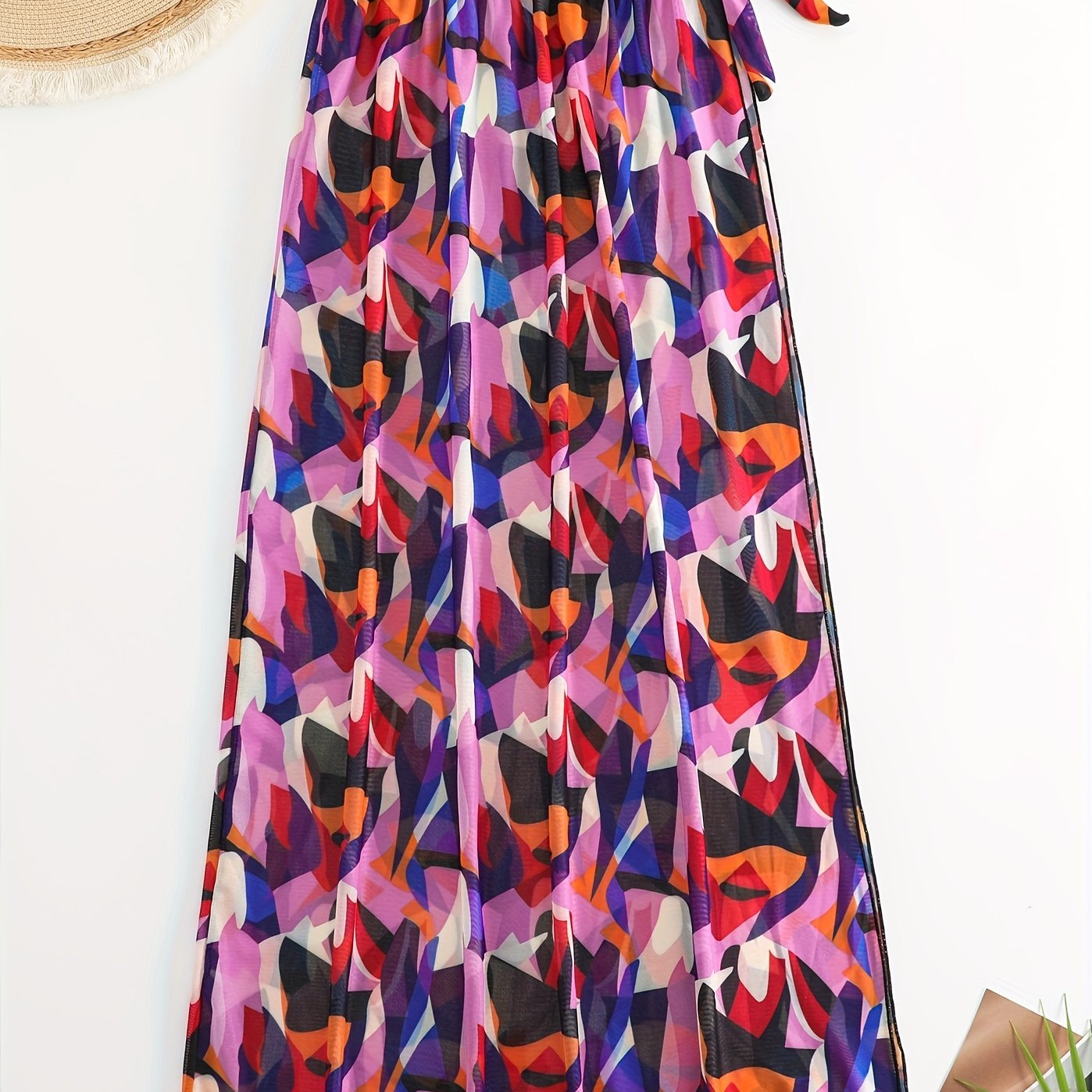Geometric Print Tie Side Split Cover Up Skirt Semi Sheer Mesh Maxi Beach Wrap