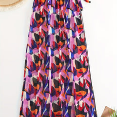 Geometric Print Tie Side Split Cover Up Skirt Semi Sheer Mesh Maxi Beach Wrap