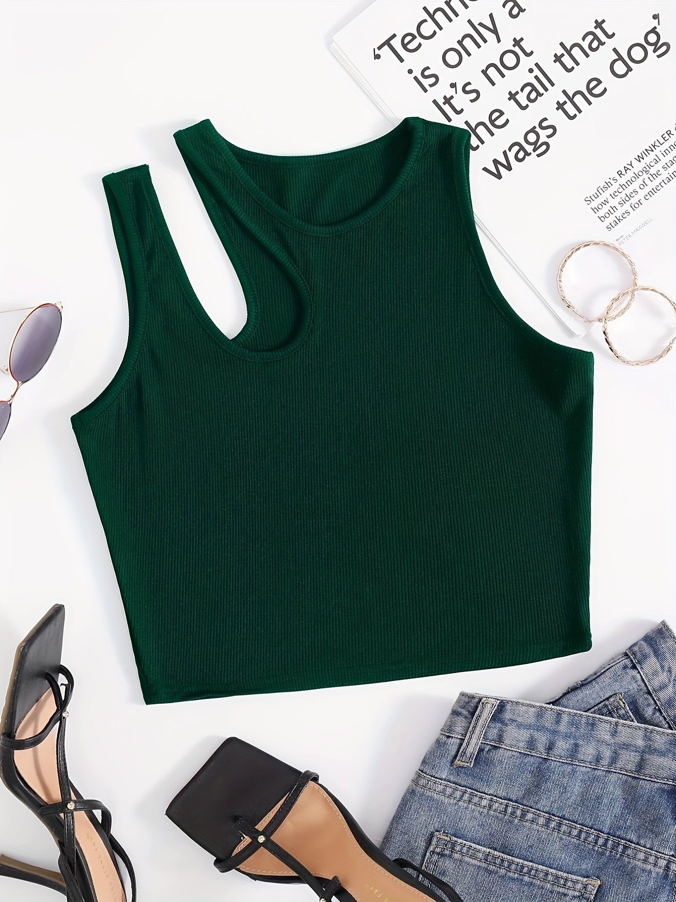 Solid Cutout Crop Tank Top Sleeveless Summer Casual Crew Neck