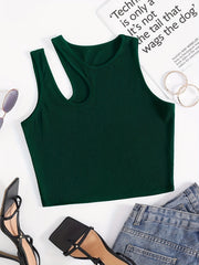 Solid Cutout Crop Tank Top Sleeveless Summer Casual Crew Neck
