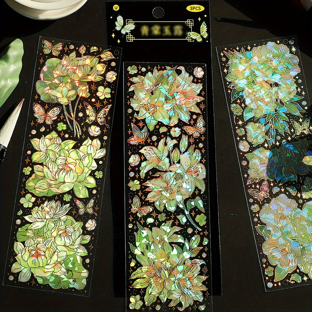 3pcs Retro Floral Sticker Pack - Laser Hot Stamping, Journal Decoration